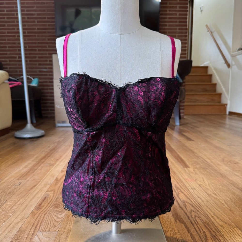 Moda International Magenta Pink Black Lace‎ Corset Top Underwire Silk Blend M